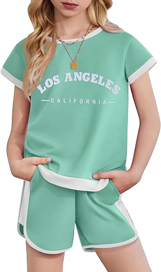 Arshiner Girls Summer Outfits 2 Piece Clothes Color Block Drop Shoulder Sleeve Top and Casual Short Sets Activewear