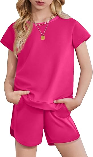 Arshiner Girls Summer Outfits 2 Piece Clothes Color Block Drop Shoulder Sleeve Top and Casual Short Sets Activewear
