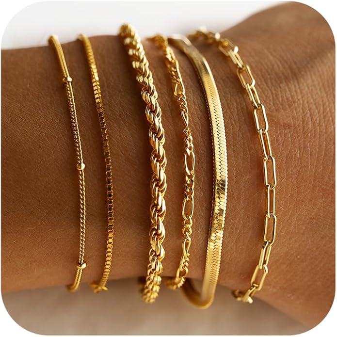 DEARMAY Gold Bracelets for Women Waterproof, 14K Real Gold Jewelry Sets Trendy Thin Dainty Stackable Cuban Link Paperclip Chain Bracelet Pack Fashion Accessories Gifts for Womens