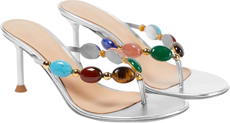 Women's Jeweled Thong Strappy Sandal Summer Mules Kitten Heels Flip Flop Round Open Toe Mid Heels Fashion Wedding Party Dress Thong Casual Shoes