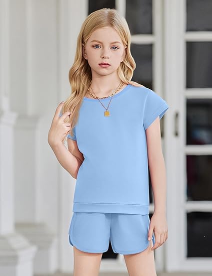 Arshiner Girls Summer Outfits 2 Piece Clothes Color Block Drop Shoulder Sleeve Top and Casual Short Sets Activewear