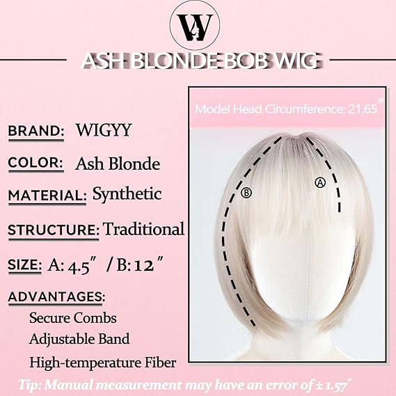 Ash Blonde Bob Wig for White Women with Bangs, Glueless Lace Front Short Wig, Protein Synthetic Fiber, 12 Inch Heat Resistant Natural Look Lightweight Daily Wig