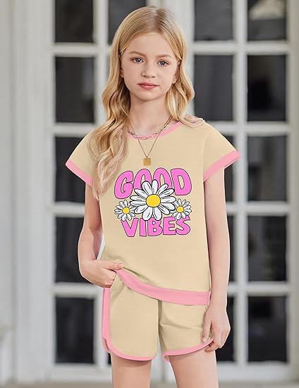 Arshiner Girls Summer Outfits 2 Piece Clothes Color Block Drop Shoulder Sleeve Top and Casual Short Sets Activewear