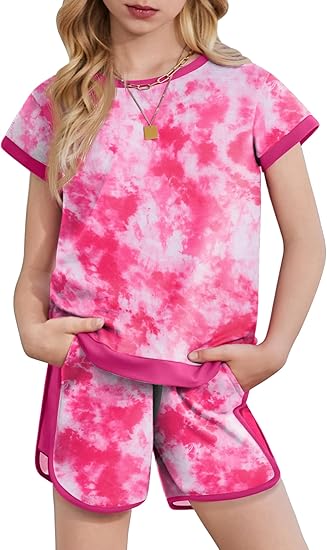 Arshiner Girls Summer Outfits 2 Piece Clothes Color Block Drop Shoulder Sleeve Top and Casual Short Sets Activewear