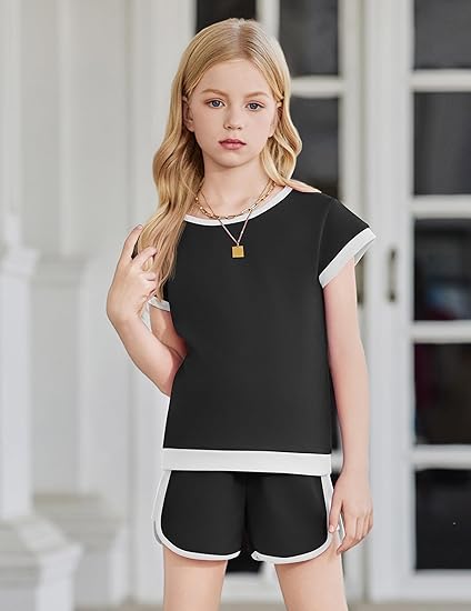 Arshiner Girls Summer Outfits 2 Piece Clothes Color Block Drop Shoulder Sleeve Top and Casual Short Sets Activewear
