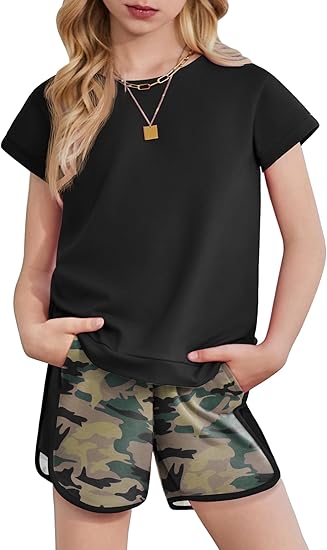 Arshiner Girls Summer Outfits 2 Piece Clothes Color Block Drop Shoulder Sleeve Top and Casual Short Sets Activewear