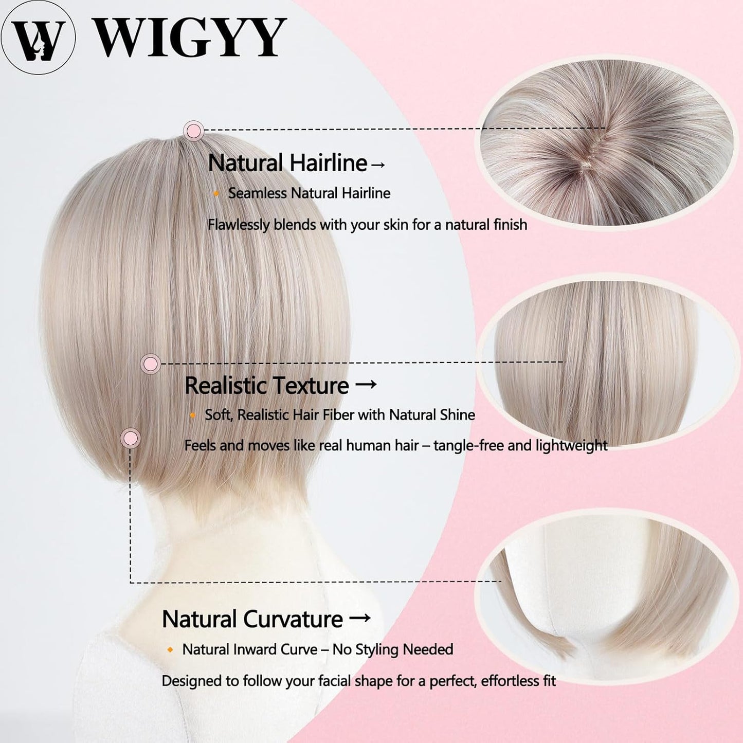 Ash Blonde Bob Wig for White Women with Bangs, Glueless Lace Front Short Wig, Protein Synthetic Fiber, 12 Inch Heat Resistant Natural Look Lightweight Daily Wig