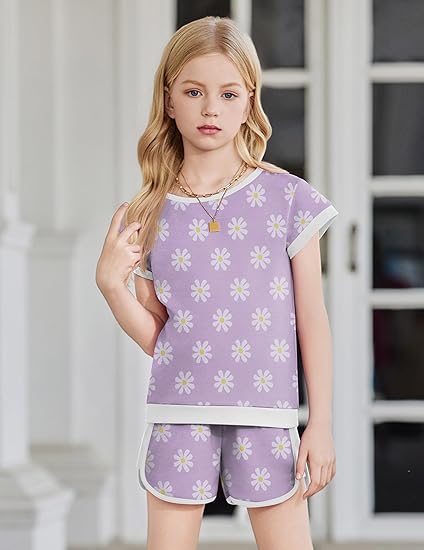 Arshiner Girls Summer Outfits 2 Piece Clothes Color Block Drop Shoulder Sleeve Top and Casual Short Sets Activewear
