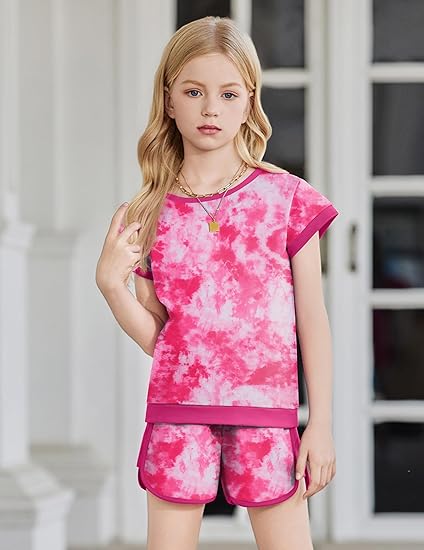 Arshiner Girls Summer Outfits 2 Piece Clothes Color Block Drop Shoulder Sleeve Top and Casual Short Sets Activewear