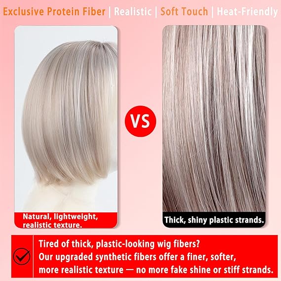 Ash Blonde Bob Wig for White Women with Bangs, Glueless Lace Front Short Wig, Protein Synthetic Fiber, 12 Inch Heat Resistant Natural Look Lightweight Daily Wig
