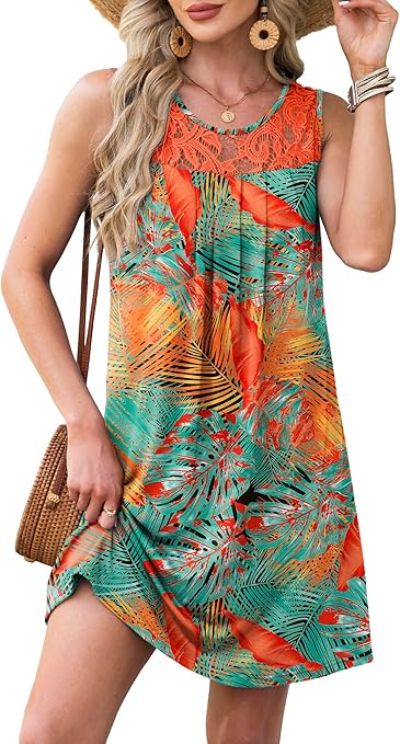 Summer Dresses for Women Sleeveless Lace Crewneck Sundress (S-3XL)