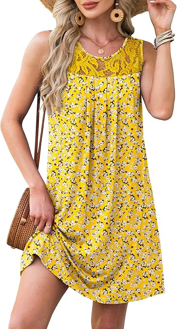 Summer Dresses for Women Sleeveless Lace Crewneck Sundress (S-3XL)