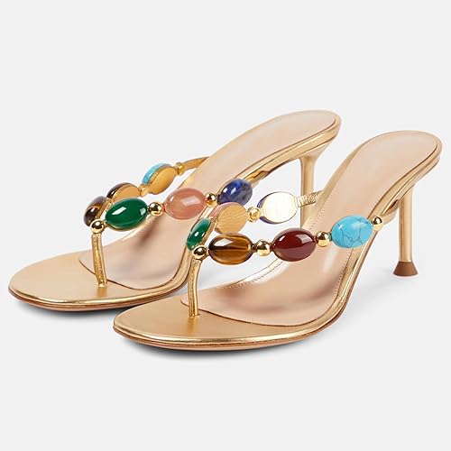 Women's Jeweled Thong Strappy Sandal Summer Mules Kitten Heels Flip Flop Round Open Toe Mid Heels Fashion Wedding Party Dress Thong Casual Shoes