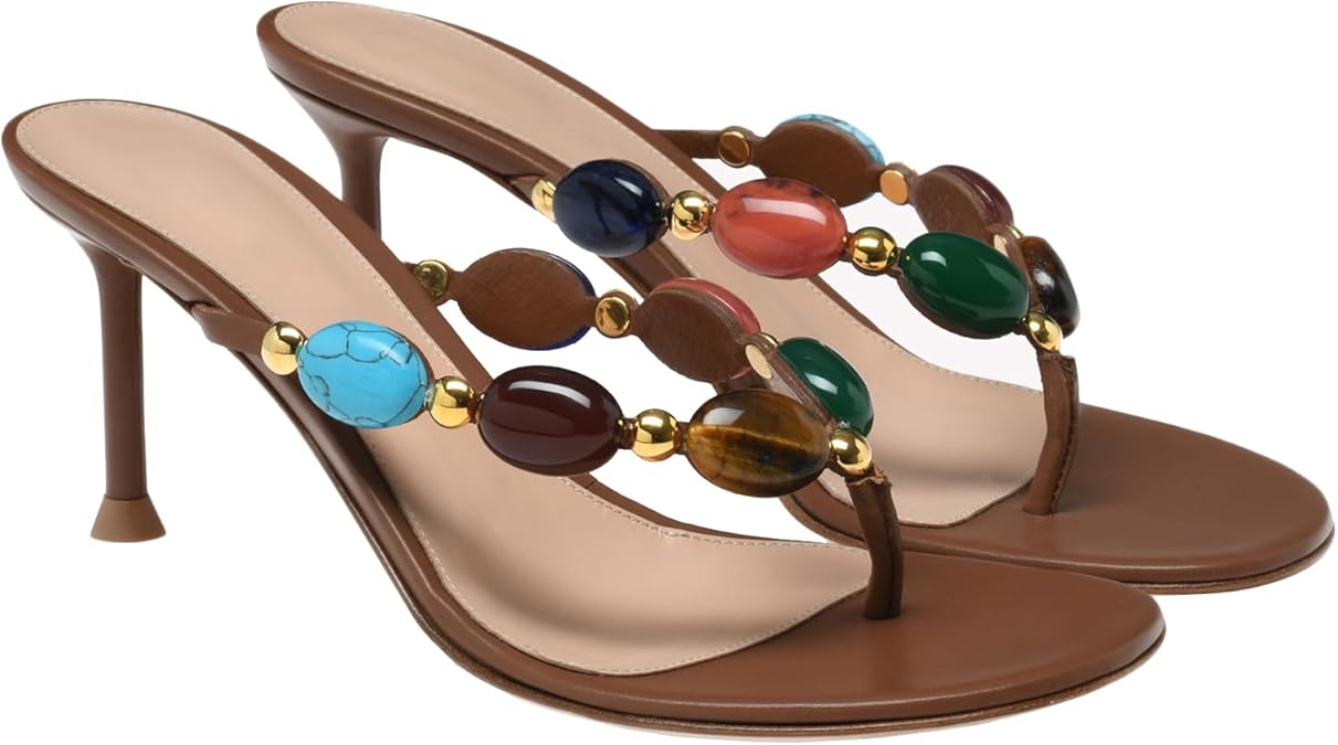 Women's Jeweled Thong Strappy Sandal Summer Mules Kitten Heels Flip Flop Round Open Toe Mid Heels Fashion Wedding Party Dress Thong Casual Shoes