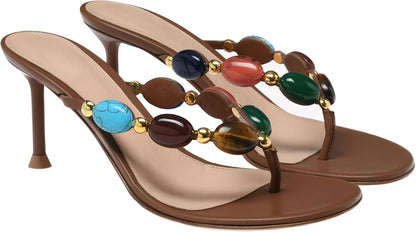 Women's Jeweled Thong Strappy Sandal Summer Mules Kitten Heels Flip Flop Round Open Toe Mid Heels Fashion Wedding Party Dress Thong Casual Shoes