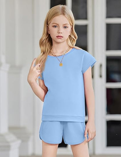 Arshiner Girls Summer Outfits 2 Piece Clothes Color Block Drop Shoulder Sleeve Top and Casual Short Sets Activewear