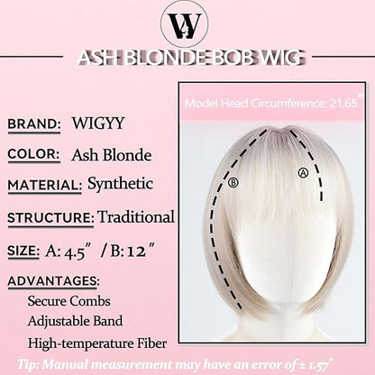 Ash Blonde Bob Wig for White Women with Bangs, Glueless Lace Front Short Wig, Protein Synthetic Fiber, 12 Inch Heat Resistant Natural Look Lightweight Daily Wig