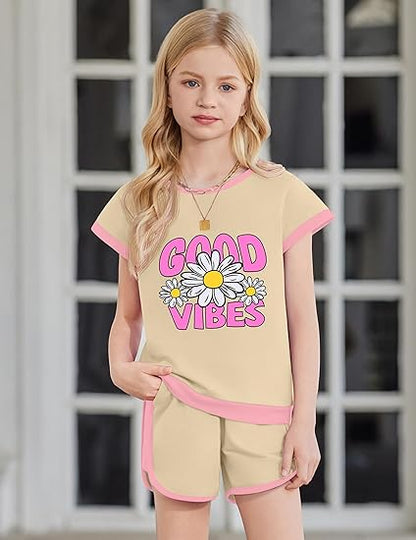 Arshiner Girls Summer Outfits 2 Piece Clothes Color Block Drop Shoulder Sleeve Top and Casual Short Sets Activewear