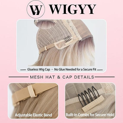 Ash Blonde Bob Wig for White Women with Bangs, Glueless Lace Front Short Wig, Protein Synthetic Fiber, 12 Inch Heat Resistant Natural Look Lightweight Daily Wig
