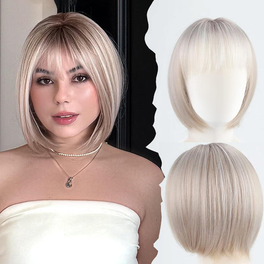 Ash Blonde Bob Wig for White Women with Bangs, Glueless Lace Front Short Wig, Protein Synthetic Fiber, 12 Inch Heat Resistant Natural Look Lightweight Daily Wig