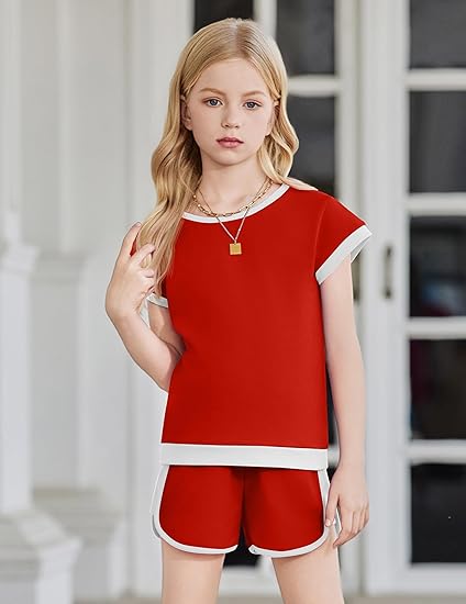 Arshiner Girls Summer Outfits 2 Piece Clothes Color Block Drop Shoulder Sleeve Top and Casual Short Sets Activewear