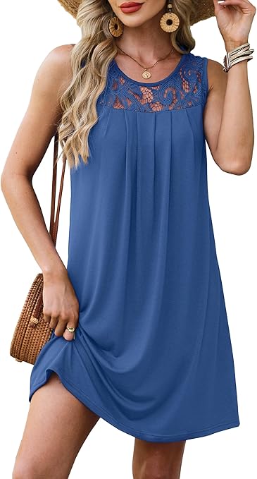 Summer Dresses for Women Sleeveless Lace Crewneck Sundress (S-3XL)
