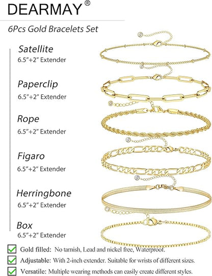 DEARMAY Gold Bracelets for Women Waterproof, 14K Real Gold Jewelry Sets Trendy Thin Dainty Stackable Cuban Link Paperclip Chain Bracelet Pack Fashion Accessories Gifts for Womens